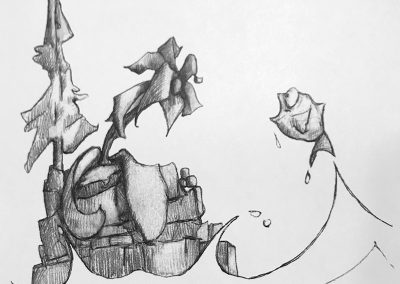 M-J Kelley's drawing of a fish in awe of the land and a flower in awe of the fish. Graphite.