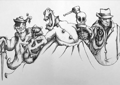 M-J Kelley's drawing of a group of trick 'o treaters. Graphite.
