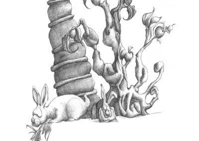 M-J Kelley's drawing of low hanging fruit with two rabbits. Graphite.