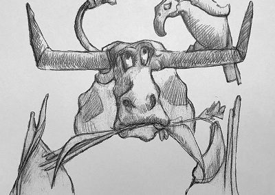 M-J Kelley's drawing of a cow and a cowbird. Graphite.