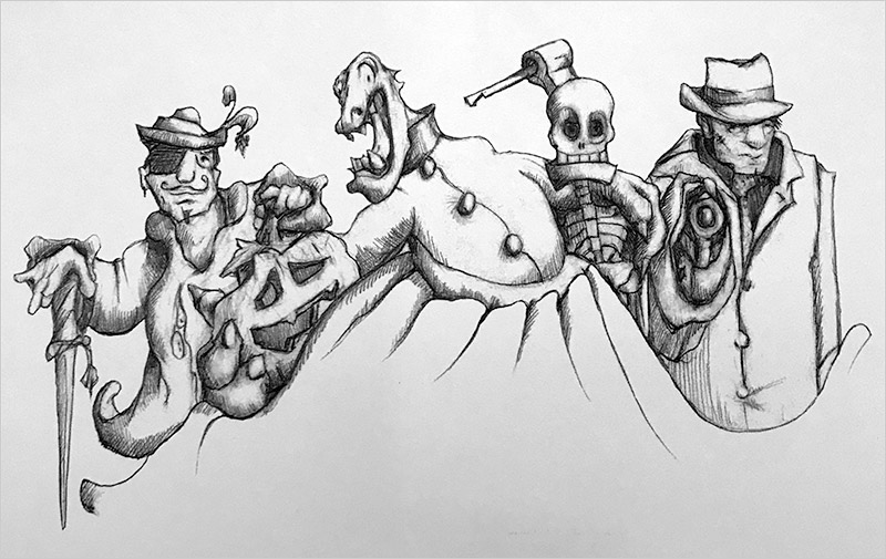 M-J Kelley's drawing of a group of trick 'o treaters. Graphite.