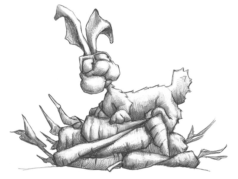 M-J Kelley's drawing of a rabbit sitting on a bunch of carrots. Graphite.