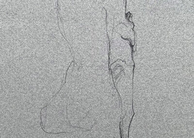 M-J Kelley's drawing of a woman in profile with left hand reaching across to upper right arm. Charcoal on Canson paper.