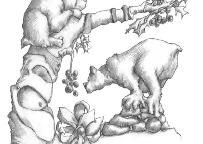 M-J Kelley's drawing of two bears desperately wanting the berries farthest away from them.