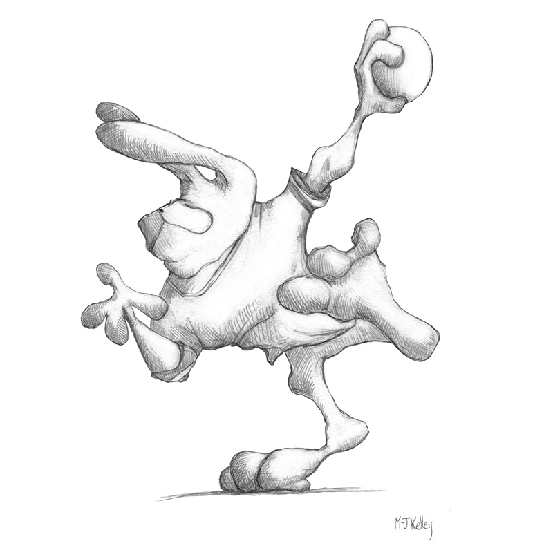 An image of M-J Kelley's drawing of a rabbit about to throw a gutterball.