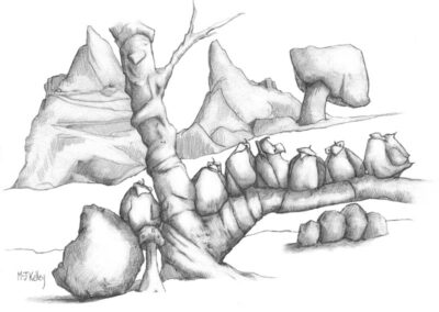 M-J Kelley's drawing of The Peckuliars. A group of seven black birds each in charge of a Knockwood Forest quadrant.