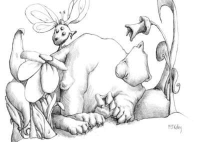 M-J Kelley's drawing of a bug walking on a bear.
