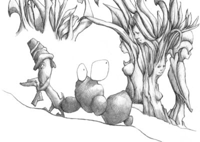 M-J Kelley's drawing of a dog and a boulder walking through the grove of the sacred sister trees.
