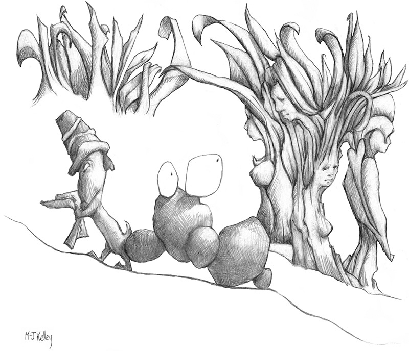 M-J Kelley's drawing of Pony, a dog and Marbles, a boulder walking through the grove of the sacred sister trees.