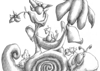 M-J Kelley's drawing of a snail parade float with his friends on board.