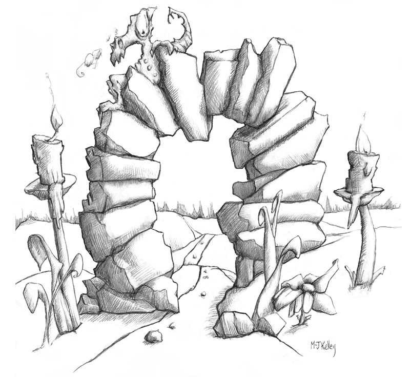An image of M-J Kelley's drawing of the Snoot Arch and the fire-breathing dragon, Soot.