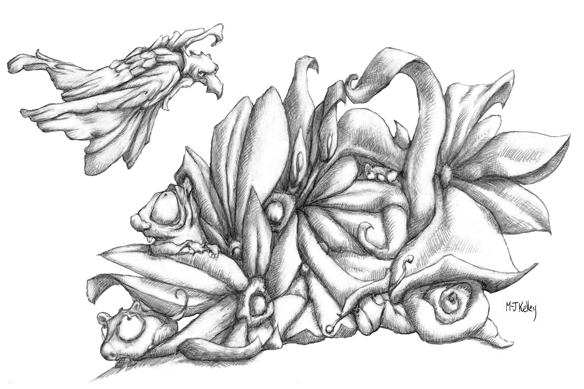 Image of M-J Kelley's drawing Take Cover. A menacing buzzard flies overhead of a group of animals hovering under vegetation for safety. Chapter seven of Another Failed Potion.